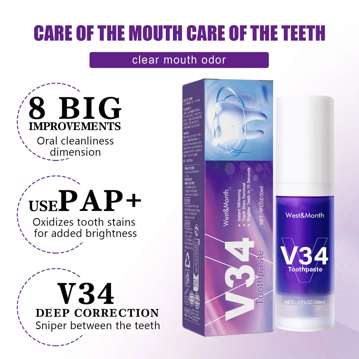 V34 Teeth Whitening Toothpaste 30Ml Intensive Stain Remover for Yellow Teeth Plaque Removalfresh Breath Oral Care Gum Protection